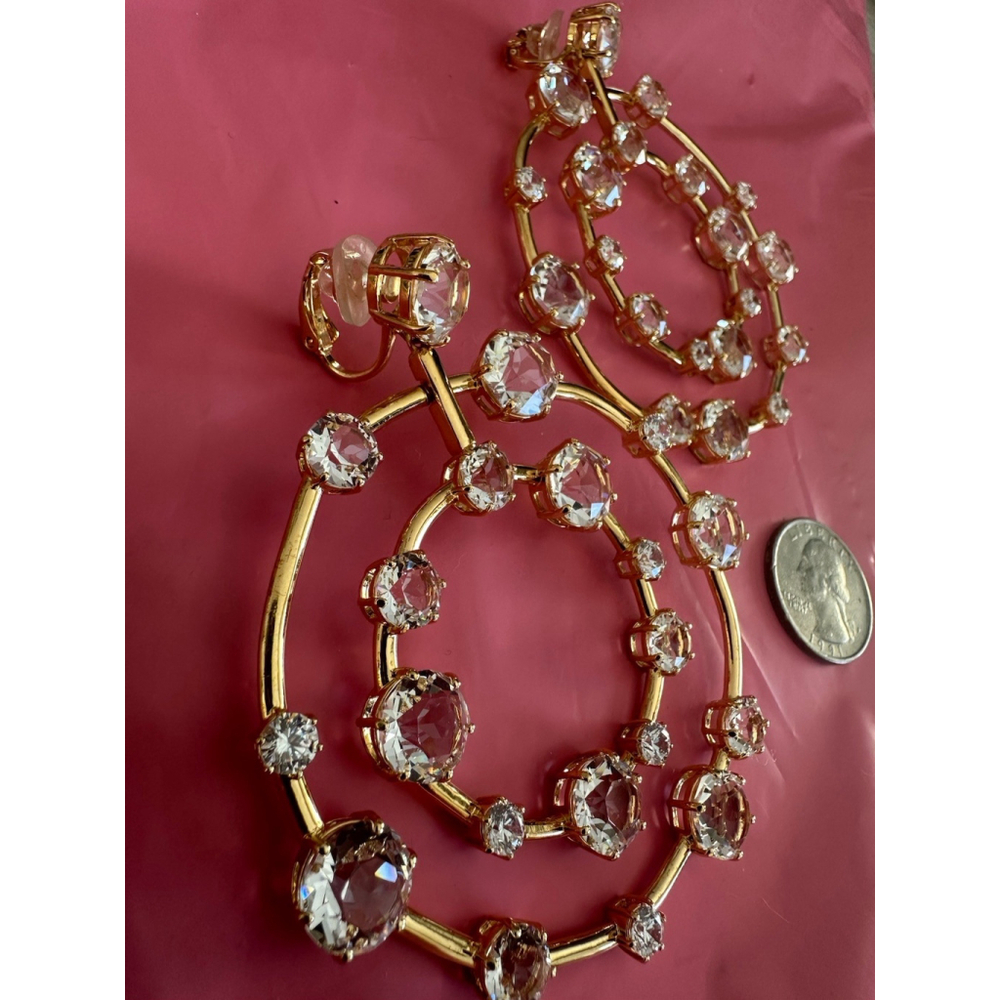 Swarovski Signed Large Dangle 2 Loop ClipOn Crystal Statement Earrings GoldTone - Picture 4 of 7
